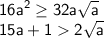 \sf \displaystyle 16a^2\geq 32a\sqrt{a} \\ 15a+1 2\sqrt{a}