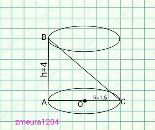 Решите задачу и сделайте рисунок : Найдите диагональ осевого сечения цилиндра, если радиус основания