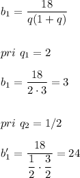 b_1=\dfrac{18}{q(1+q)}  pri \ q_1=2  b_1=\dfrac{18}{2\cdot 3} =3  pri \ q_2=1/2  b_1'=\dfrac{18}{\dfrac{1}{2} \cdot\dfrac{3}{2} } =24