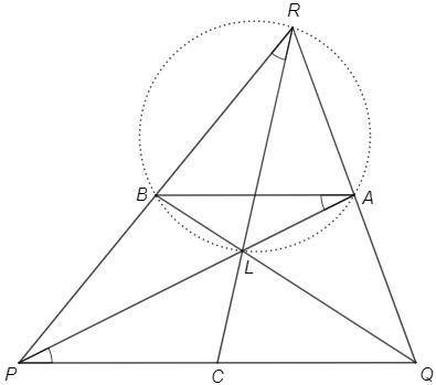 Задание №4. В треугольнике PQR точка L пересечение медиан PA и QВ. Окружность, описанная около треуг