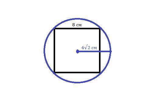 Знайти довжину кола описаного навколо квадрата зі стороною 8см. а) 4√2π см; б) 8√2π см; в)10 см; г)8