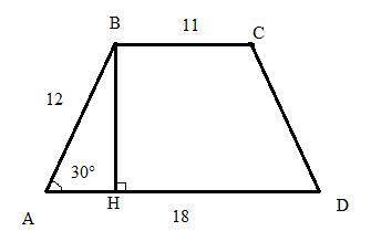 В равнобедренной трапеции угол при основании равен 30 градусов, основания равны 11см и 18см, боковая