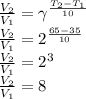 \frac{V_2}{V_1} = \gamma ^{\frac{T_2-T_1}{10}} \\ \frac{V_2}{V_1} =2^{\frac{65-35}{10}} \\\frac{V_2}{V_1} =2^3\\\frac{V_2}{V_1} =8
