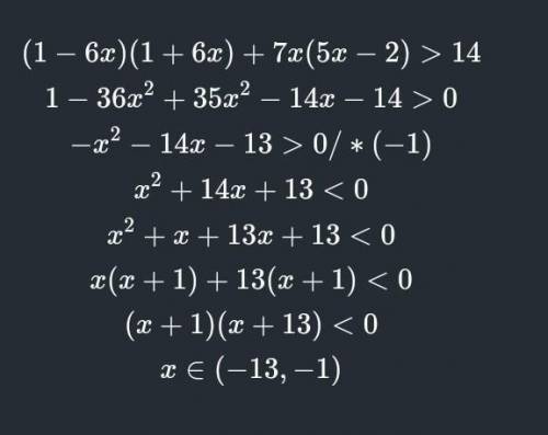 (1-6x)(1+6x)+7x(5x-2)>14 решить нужно