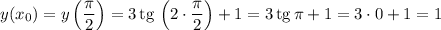 y(x_0)=y\left(\dfrac{\pi}{2}\right)=3\,\mathrm{tg}\,\left(2\cdot\dfrac{\pi}{2}\right)+1=3\,\mathrm{tg}\,\pi +1=3\cdot0+1=1