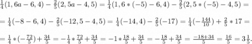 \frac{1}{4}(1,6a-6,4)-\frac{2}{5}(2,5a-4,5)= \frac{1}{4}(1,6*(-5)-6,4)-\frac{2}{5}(2,5*(-5)-4,5)= =\frac{1}{4}(-8-6,4)-\frac{2}{5}(-12,5-4,5)=\frac{1}{4}(-14,4)-\frac{2}{5}(-17)=\frac{1}{4}(-\frac{144}{10} )+\frac{2}{5}*17==\frac{1}{4}*(-\frac{72}{5} )+\frac{34}{5}=-\frac{1}{4}*\frac{72}{5} +\frac{34}{5}=-1*\frac{18}{5} +\frac{34}{5}=-\frac{18}{5} +\frac{34}{5}=\frac{-18+34}{5} =\frac{16}{5}=3\frac{1}{5} .