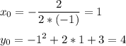 \displaystyle x_0 = -\frac{2}{2*(-1)} = 1y_0=-1^2+2*1+3= 4