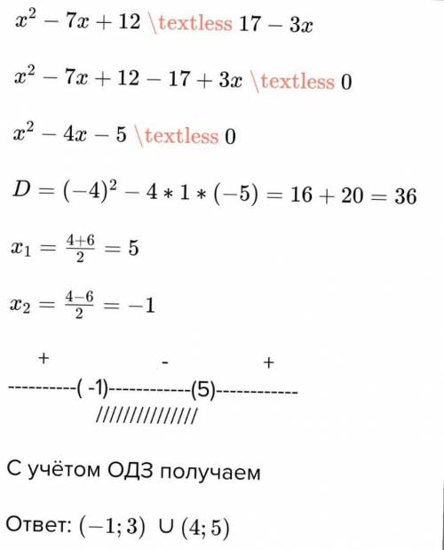 Как это решить ? Log0,5(x^2-7x+12)>log0,5(17-3x) желательно подробно и с обяснениями , если не сл