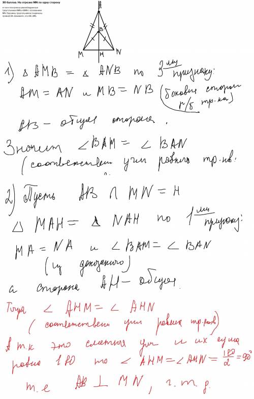 На отрезке MN по одну сторону от него построены равнобедренные треугольники AMN и BMN с основанием