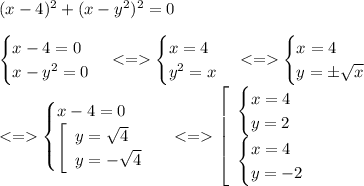 (x-4)^2+(x-y^2)^2=0 \\ \\ \begin{cases} x - 4 = 0 \\ x - {y}^{2} = 0 \end{cases} < = \begin{cases} x = 4 \\ {y}^{2} = x \end{cases} < = \begin{cases} x = 4 \\ {y} = \pm \sqrt{x} \end{cases} \\ < = \begin{cases} x - 4 = 0 \\ \left[ \begin{array}{l}y= \sqrt{4}\\ y = - \sqrt{4} \end{array} \right. \end{cases} < = \left[ \begin{array}{l}\begin{cases} x= 4 \\ y= 2 \end{cases}\\ \begin{cases} x= 4 \\ y= - 2 \end{cases} \end{array} \right.