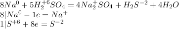 8Na^0+5H_2^{+6}SO_4=4Na_2^+SO_4+H_2S^{-2}+4H_2O\\8|Na^0-1e=Na^+\\1|S^{+6}+8e=S^{-2}