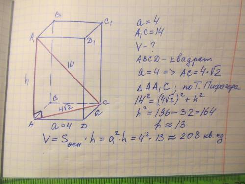 В правильной четырёхугольной призме сторона основания 4, диагональ призмы 14. Найти объём призмы. С