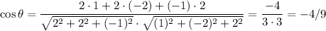 \cos\theta = \dfrac{2\cdot 1+2\cdot(-2)+(-1)\cdot 2}{\sqrt{2^2+2^2+(-1)^2}\cdot\sqrt{(1)^2+(-2)^2+2^2}} = \dfrac{-4}{3\cdot 3} = -4/9