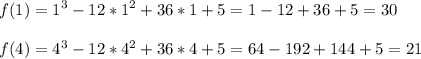 \displaystyle f(1)=1^3-12*1^2+36*1+5=1-12+36+5=30f(4)=4^3-12*4^2+36*4+5=64-192+144+5=21