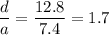 \dfrac{d}{a} = \dfrac{12.8}{7.4} = 1.7