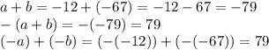 a + b = - 12 + ( - 67) = - 12 - 67 = - 79 \\ - ( a + b) = - ( - 79) = 79 \\ ( - a) + ( - b) = ( - ( - 12)) + ( - ( - 67)) = 79