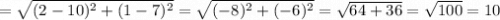 АО = \sqrt{(2 - 10)^2 + (1 - 7)^2} = \sqrt{( - 8)^{2} + ( - 6)^{2} } = \sqrt{64 + 36} = \sqrt{100} = 10