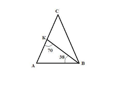 5 В треугольнике ABC проведена биссектриса ВК. Найди величину угла ACB, если ABK = 38°, а AKB = 70°.