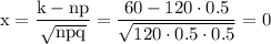 \rm x=\dfrac{k-np}{\sqrt{npq}}=\dfrac{60-120\cdot 0.5}{\sqrt{120\cdot 0.5\cdot 0.5}}=0