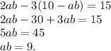 2ab-3(10-ab)=15\\2ab-30+3ab=15\\5ab=45\\ab=9.