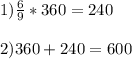 1)\frac{6}{9} * 360 = 240\\ \\2) 360 + 240 = 600