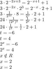 3\cdot2^{-2x+3}=2^{-x+1}+1\\3\cdot2^{-2x}\cdot2^3=2^{-x}\cdot2+1\\3\cdot\frac{1}{2^{2x}}\cdot8=\frac{1}{2^x}\cdot2+1\\24\cdot\frac{1}{(2^x)^2}=\frac{1}{2^x}\cdot2+1\\ 24\cdot\frac{1}{t^2}=\frac{1}{t}\cdot2+1\\ t=-6\\ t=4\\ 2^x=-6\\ 2^x=4\\ x \notin R\\ x=2\\ x=2