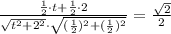 \frac{\frac{1}{2}\cdot t+\frac{1}{2}\cdot 2}{\sqrt{t^2+2^2}\cdot\sqrt{(\frac{1}{2})^2+(\frac{1}{2})^2}}=\frac{\sqrt{2}}{2}