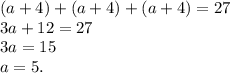 (a+4)+(a+4)+(a+4) = 27\\3a+12 = 27\\3a=15\\a=5.
