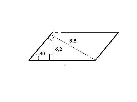 острый угол параллелограмма равен 30°, а высоты проведенные из вершины тупого угла равны 6,2 и 8,5 с