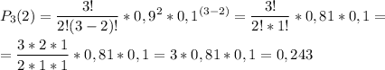 \displaystyle P_{3}(2)= \frac{3!}{2!(3-2)!}*0,9^{2} *0,1^{(3-2)} = \frac{3!}{2! *1!}*0,81 *0,1 =\\ \\ =\frac{3*2*1}{2*1*1}*0,81 * 0,1 = 3 * 0,81 * 0,1 = 0,243