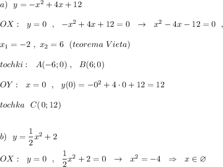 a)\ \ y=-x^2+4x+12OX:\ \ y=0\ \ ,\ \ -x^2+4x+12=0\ \ \to \ \ x^2-4x-12=0\ \ ,x_1=-2\ ,\ x_2=6\ \ (teorema\ Vieta)tochki:\ \ A(-6;0)\ ,\ \ B(6;0)OY:\ \ x=0\ \ ,\ \ y(0)=-0^2+4\cdot 0+12=12tochka\ \ C(\, 0;12)b)\ \ y=\dfrac{1}{2}x^2+2OX:\ \ y=0\ \ ,\ \ \dfrac{1}{2}x^2+2=0\ \ \to \ \ x^2=-4\ \ \Rightarrow \ \ x\in \varnothing