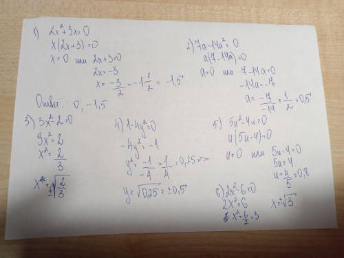 Решите уравнение: 2x²+3х=0 7a-14a²=03х²-2=0 1-4y²=05u²-4u=0 2x²-6=0