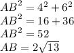 {AB}^{2} = {4}^{2} + {6}^{2} \\ {AB}^{2} = 16 + 36 \\ {AB}^{2} = 52 \\ AB = 2 \sqrt{13}