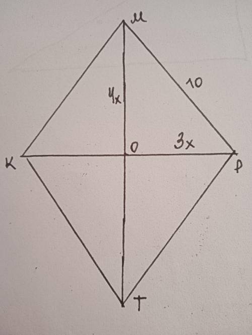 длина стороны ромба равна 10 см, а диагонали относятся как 3:4. Площадь ромба равна: а) 48см² б) 24с