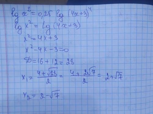 решить lg x^2 = 0.25 lg (4x+3) ^4