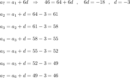 a_7=a_1+6d\ \ \Rightarrow \ \ \ 46=64+6d\ \ ,\ \ \ 6d=-18\ \ ,\ \ d=-3a_2=a_1+d=64-3=61a_3=a_2+d=61-3=58a_4=a_3+d=58-3=55a_5=a_4+d=55-3=52a_6=a_5+d=52-3=49a_7=a_6+d=49-3=46