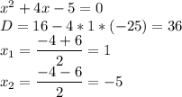 x^{2} +4x - 5=0\\D=16-4*1*(-25)=36\\x_{1} =\dfrac{-4+6}{2} =1\\x_{2} =\dfrac{-4-6}{2} =-5