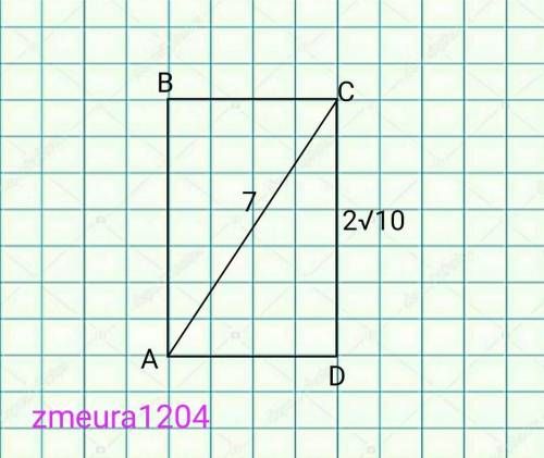 В прямоугольнике A B C D найдите: B C , если C D = 2 √ 10 и A C = 7