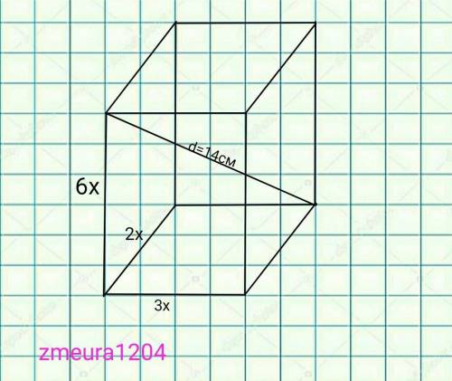 виміри прямокутного паралалепіпеда пропорційні числам 2,3 і 6 а його діагональ дорівнює 14см ЗНАЙДІТ