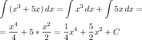 \displaystyle \int\limits {(x^3+5x)} \, dx =\int\limits {x^3} \, dx +\int\limits {5x} \, dx ==\frac{x^4}{4}+5*\frac{x^2}{2}=\frac{1}{4}x^4+\frac{5}{2}x^2+C