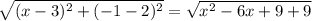 \sqrt{(x - 3)^2 + (-1 - 2)^2} = \sqrt{x^2 - 6x + 9 + 9}