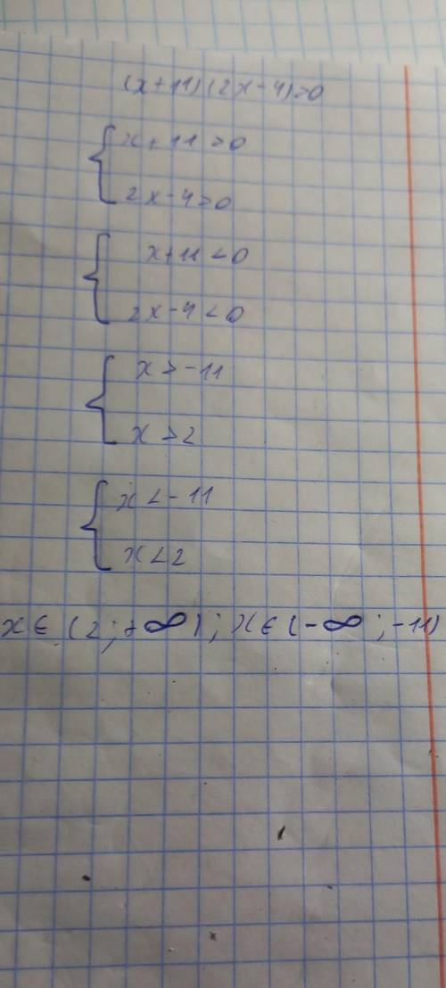 Решить неравенство (x+11)(2x-4)>0