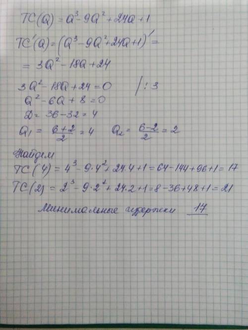 решить Найти величину минимальных издержек функции ТС(Q)=Q^3-9Q^2+24Q+1