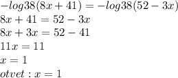 -log38 (8x+41) = -log38 (52-3x)\\ 8x+41=52-3x\\ 8x+3x=52-41\\ 11x=11\\x=1\\ otvet: x=1