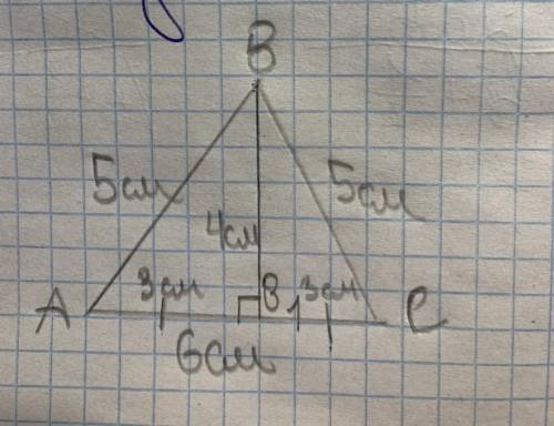Две боковые стороны равны по 5 см, основание 6 найдите площадь треугольника ABC