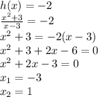 h(x)=-2\\\frac{x^2+3}{x-3}=-2\\x^2+3=-2(x-3)\\x^2+3+2x-6=0\\x^2+2x-3=0\\x_1=-3\\x_2=1