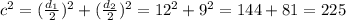 c^{2}=(\frac{d_{1} }{2})^{2} + (\frac{d_{2} }{2})^{2}=12^{2}+9^{2} =144+81=225