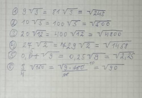 по алгебре Вынесите множитель под знак корня.1. 9√32. 10√5 3. 20√124. 27√2 5. 0,5√96.
