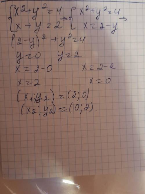 Розвяжіть систему рівнянь підстановки x²+y²=4 x+y=2