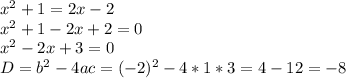 x^2+1=2x-2\\x^2+1-2x+2=0\\x^2-2x+3=0\\D=b^2-4ac=(-2)^2 - 4*1*3 = 4 - 12 = -8\\